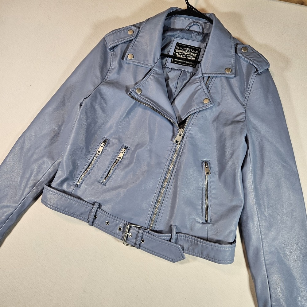Levi Strauss Light Blue Faux Leather Moto Jacket Belted Zip Women's Size L‎